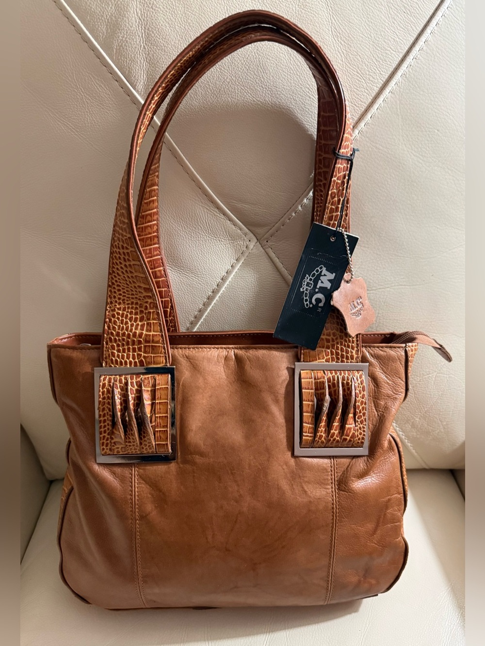 M. C. Leather Tan Croc-Accent Tote Bag